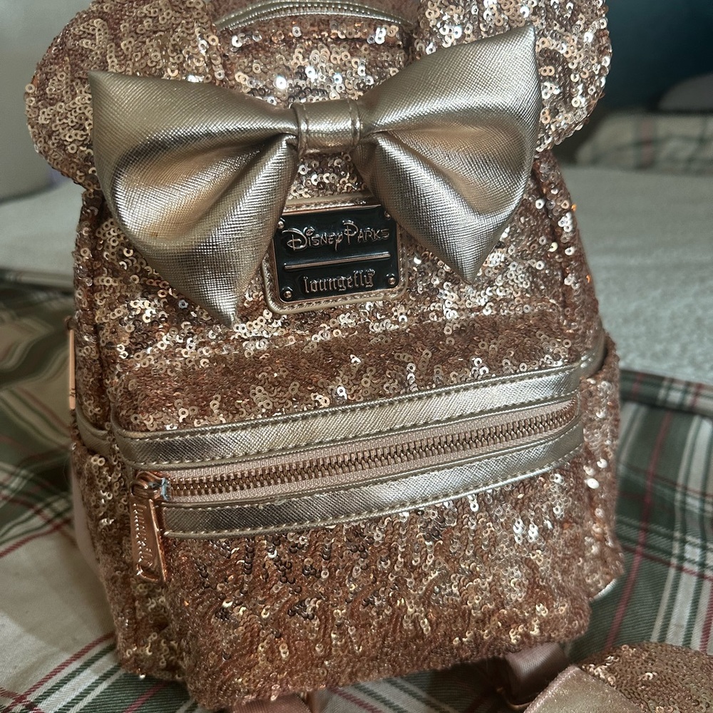 Disney rose gold Sequin Backpack with Gold Bow and headband ears set